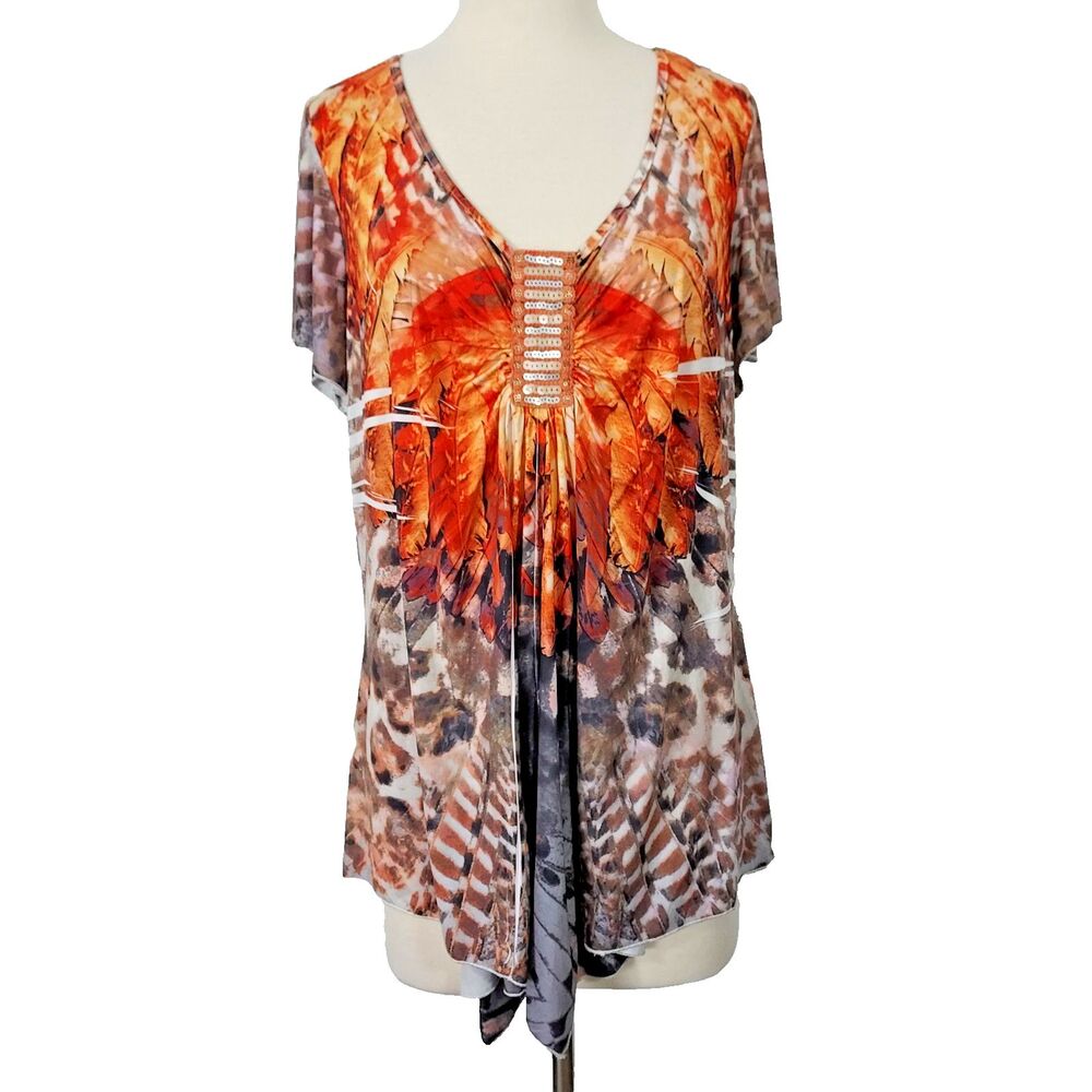 Live and Let Live Woman's Feather Print Plus 2X Sequin BOHO Pullover Blouse Top